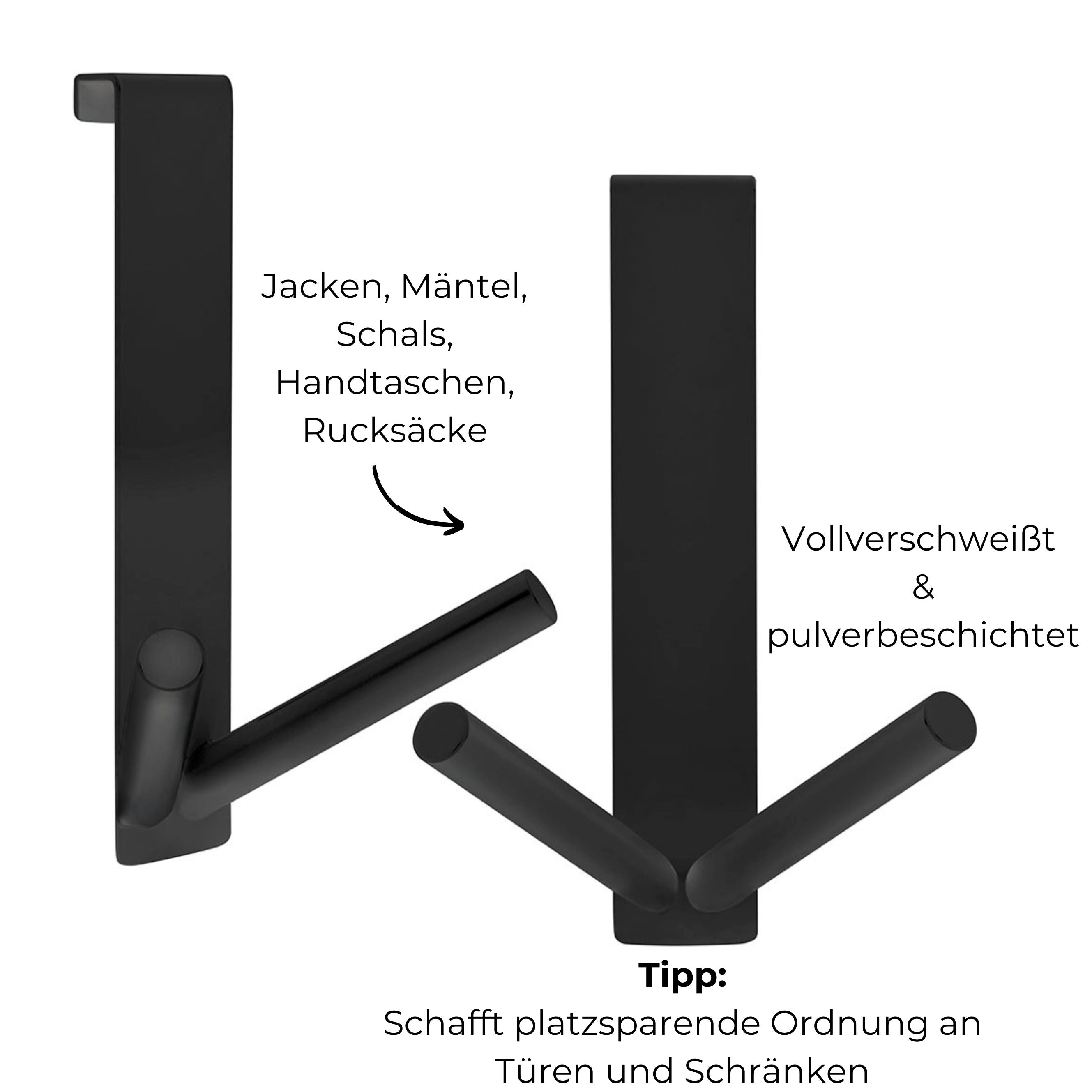 2ER-SET LANGE TÜRHAKEN SCHWARZ | BIS 2 CM TÜRFALZ